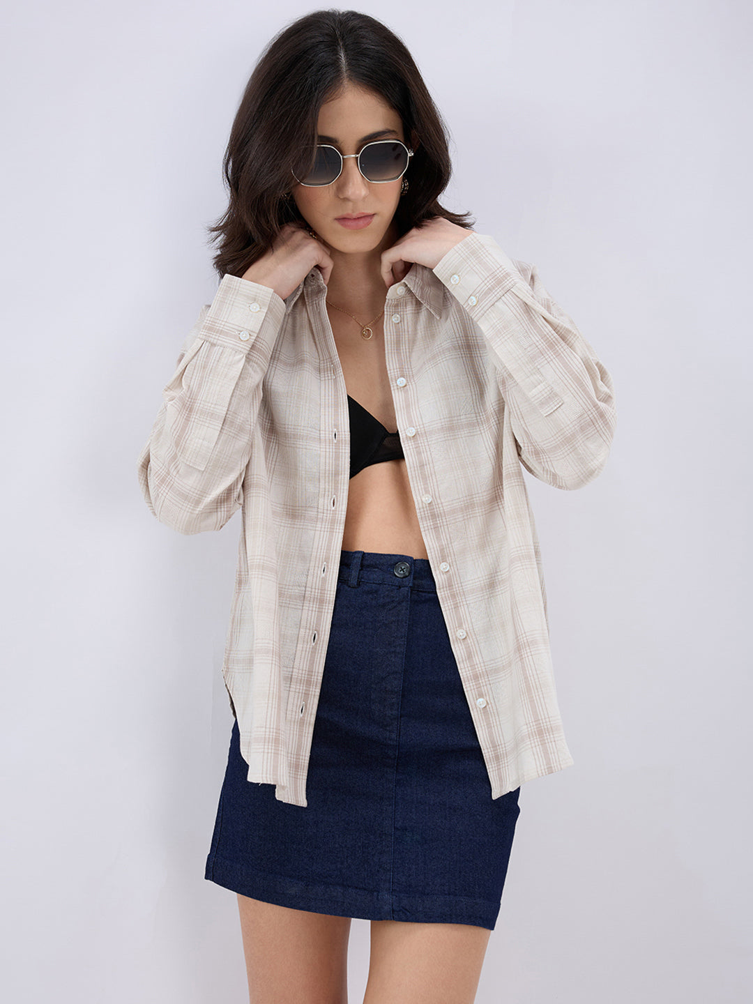 Grey Tartan Checked Jacquard Oversized Shirt