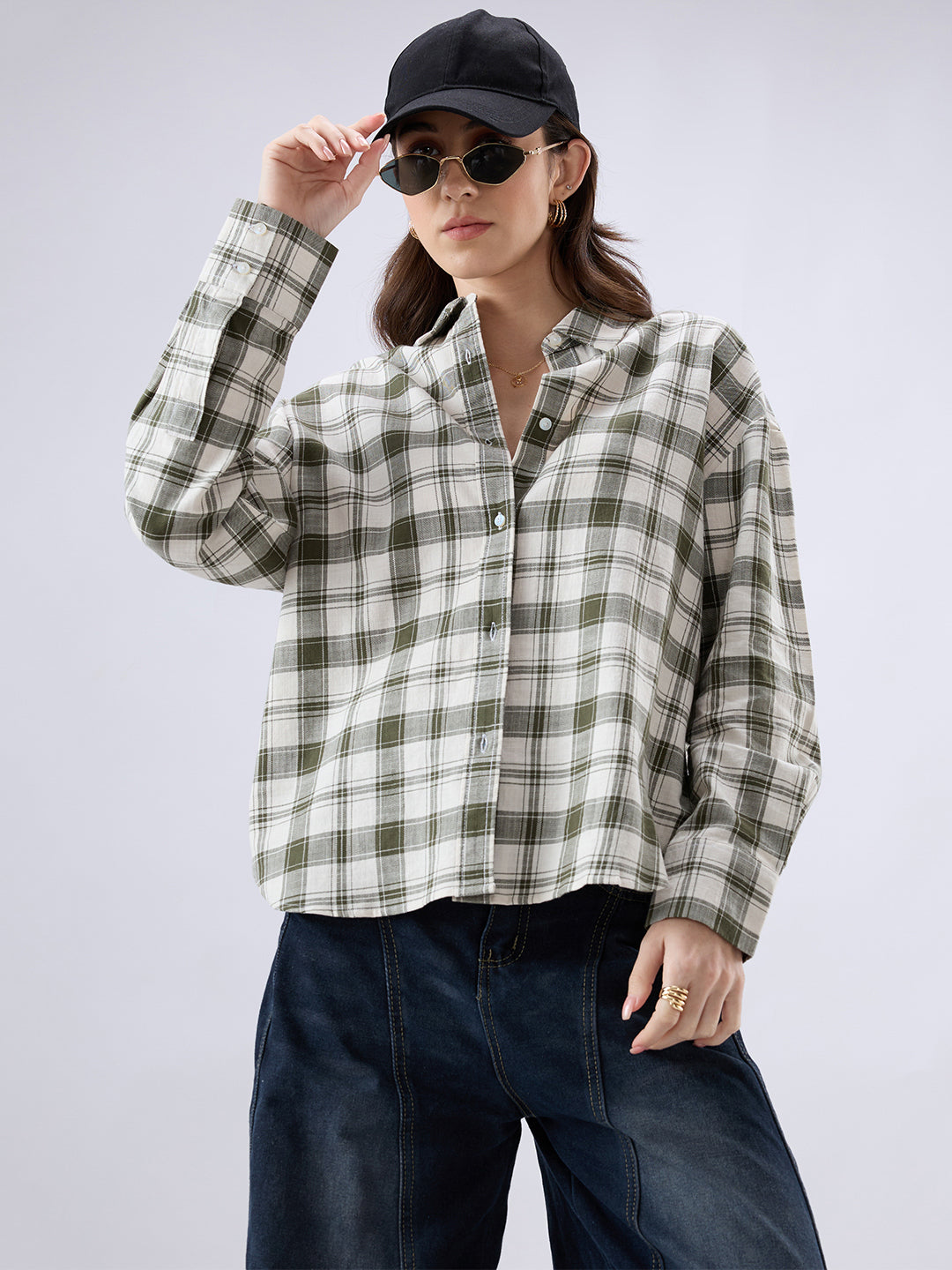 Olive & White Tartan Checkered Oversized Shirt