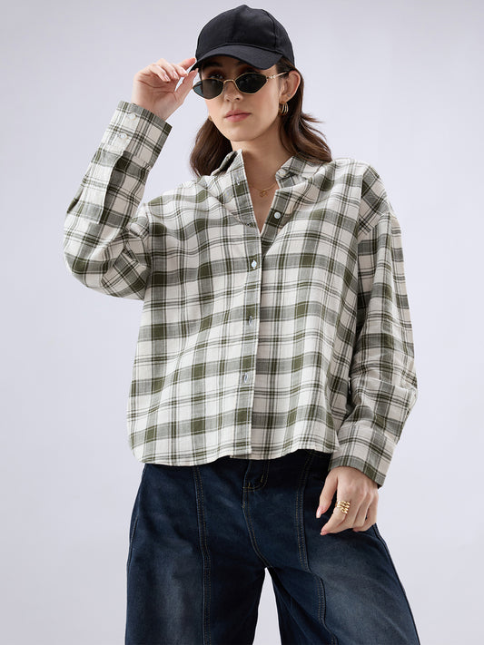 Olive & White Tartan Checkered Oversized Shirt