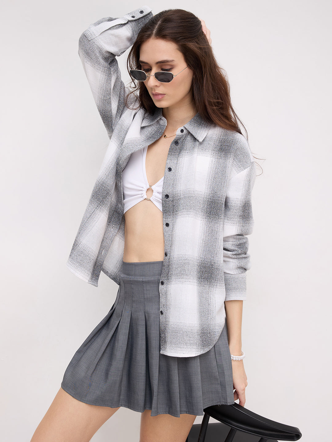 White & Black Fine Weave Broad Checked Oversized Flannel Shirt