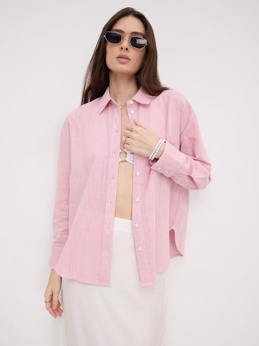 Soft Pink Air Striped Textured Overszsized Shirt