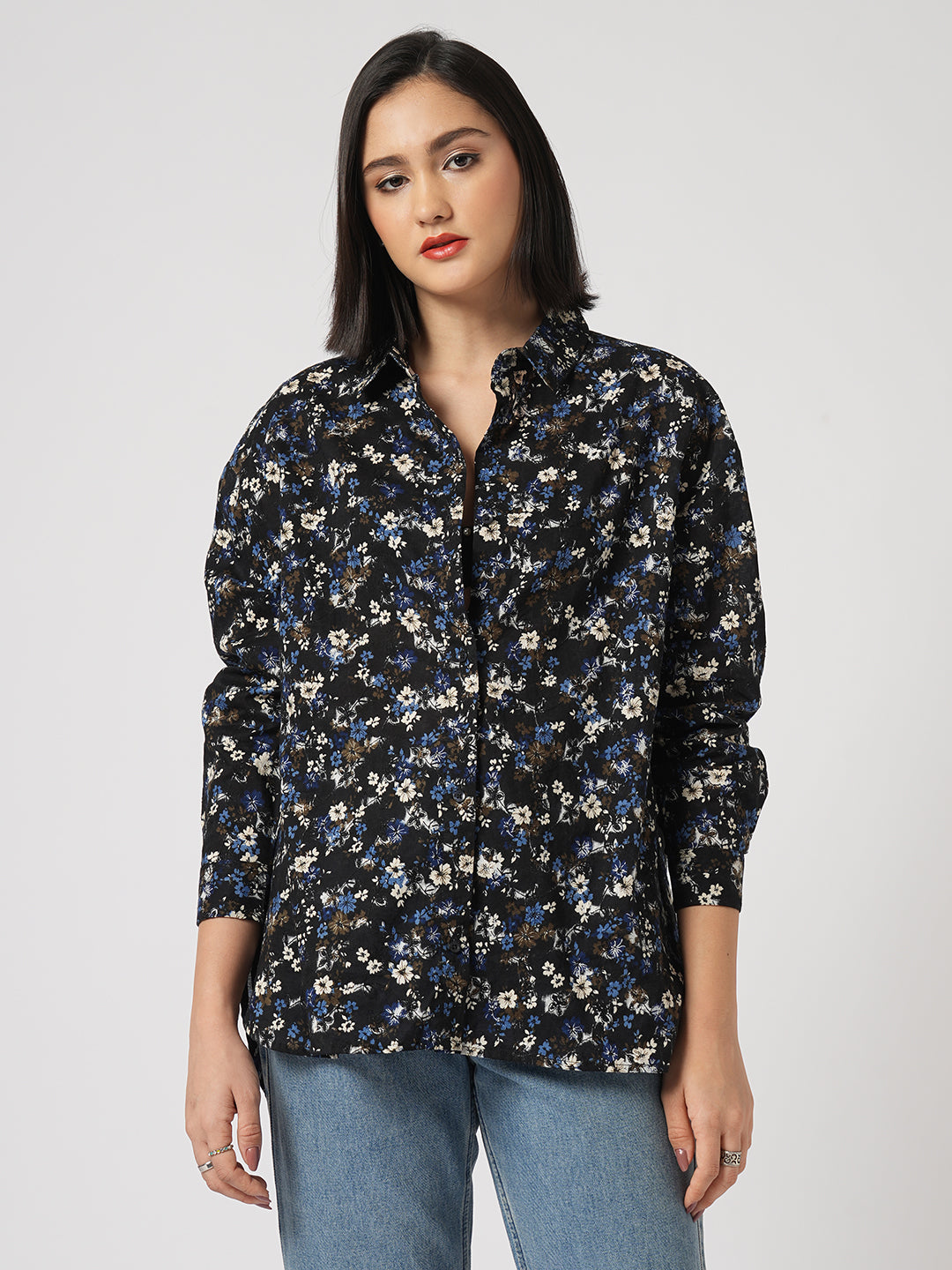 Midnight Bloom Floral Printed Oversized Shirt