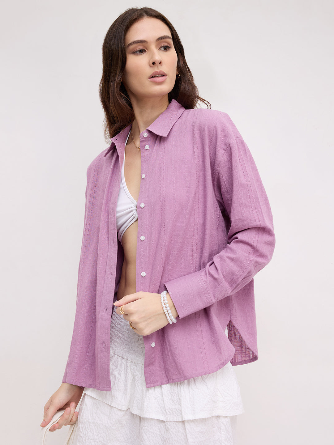 Heather Purple Line Textured Oversized Shirt