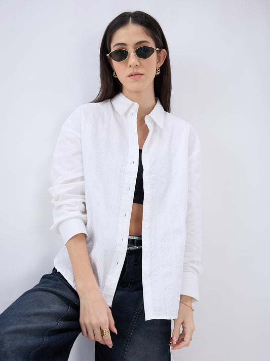 Pearl White Seersucker Oversized Shirt