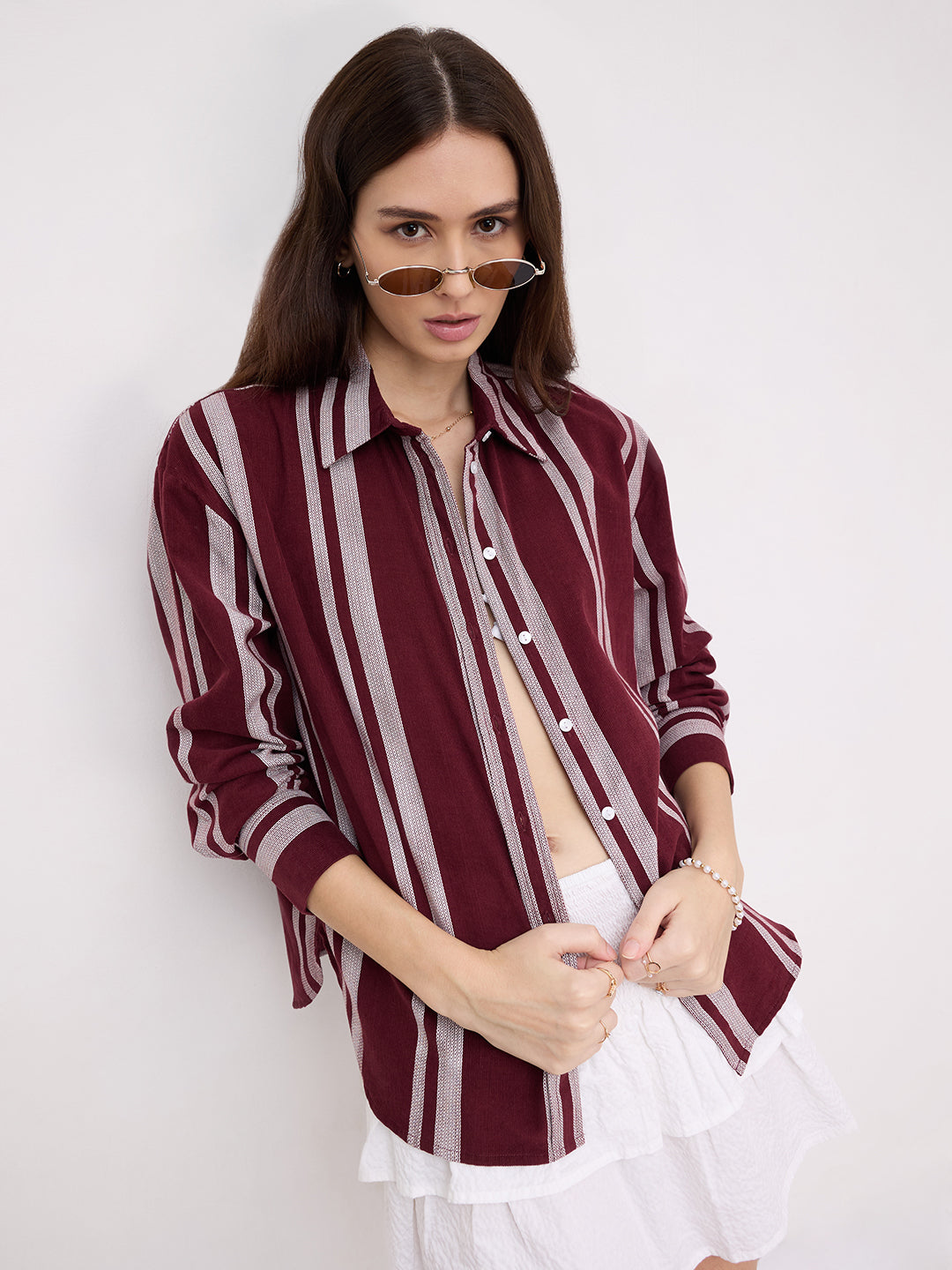 Crimpson Maroon Corduroy Striped Oversized Shirt