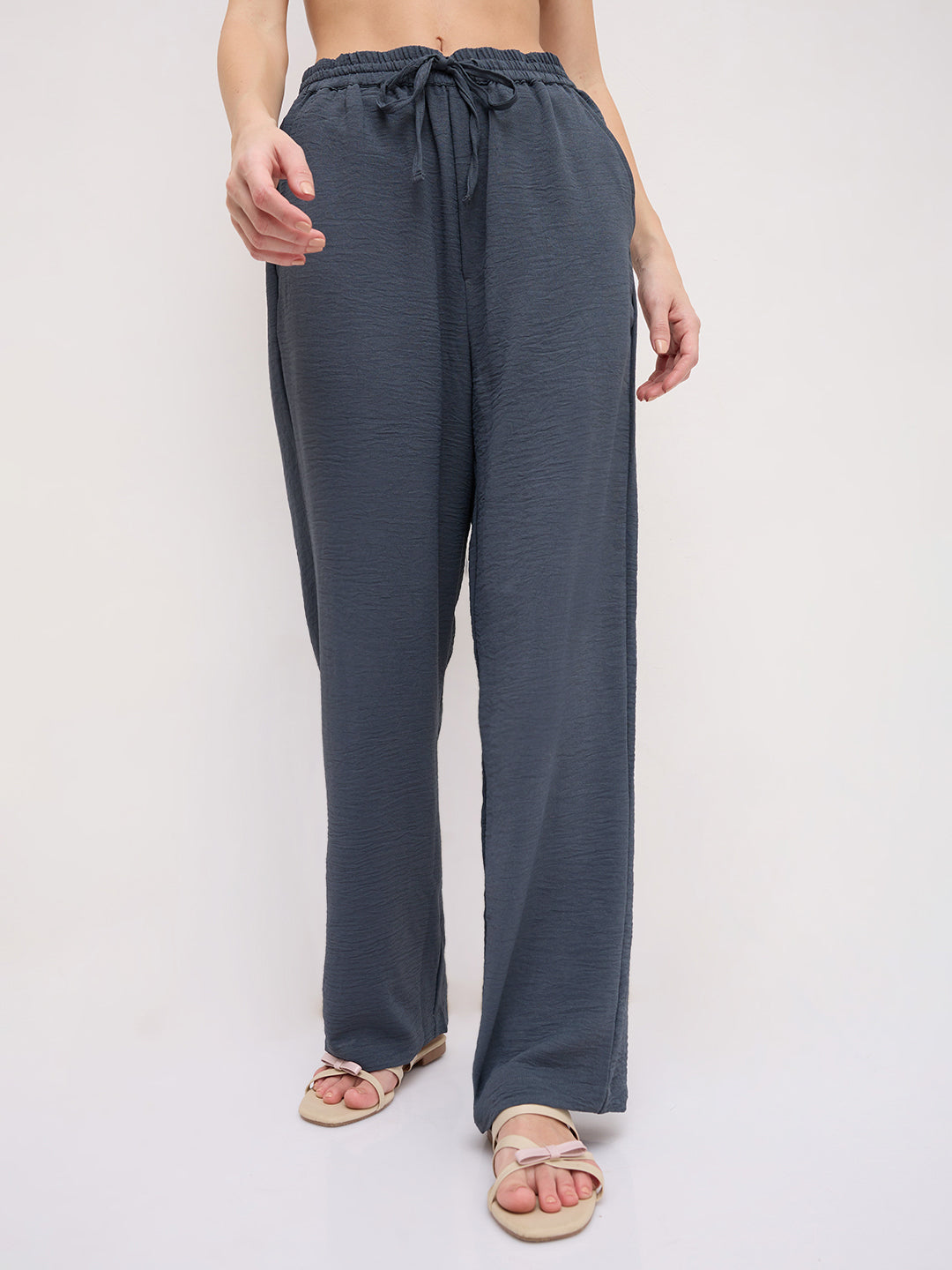 Plush Grey Crinkled Straight Fit Trousers