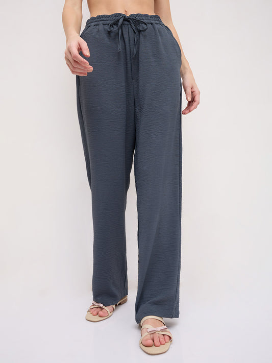 Plush Grey Crinkled Straight Fit Trousers