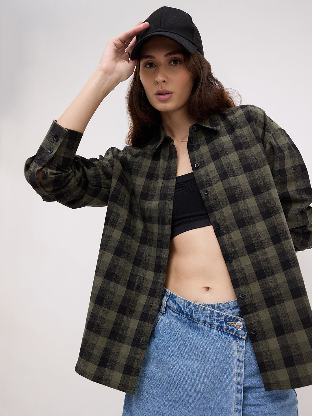 Olive & Black Tartan Checked Textured Oversized Shirt
