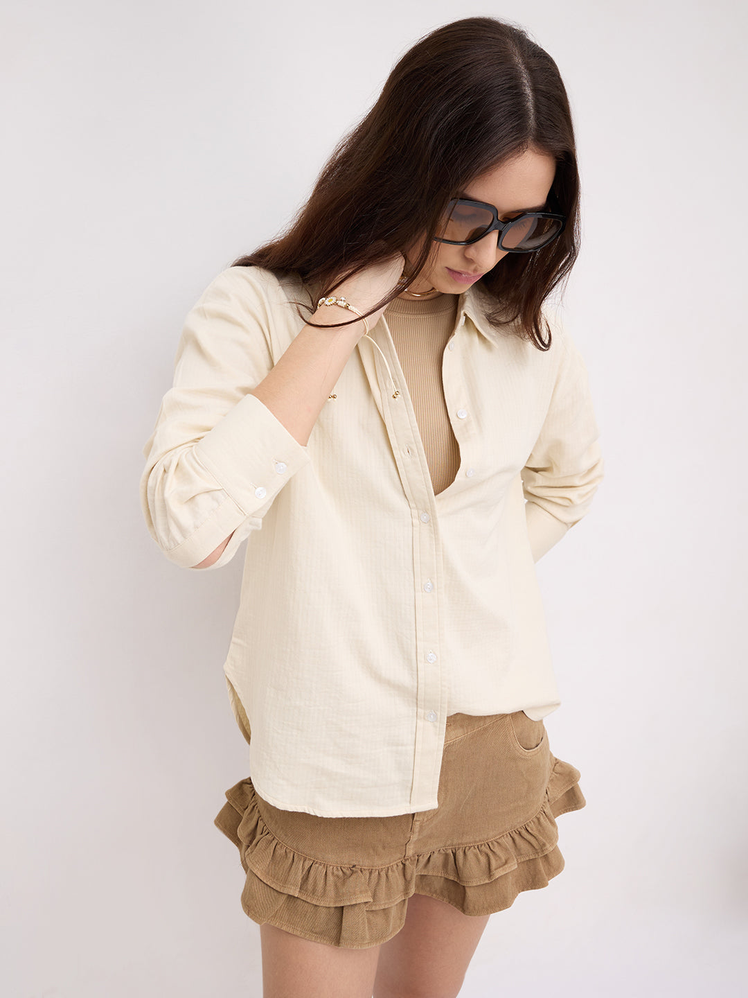 Pastel Beige Herringbone Textured Oversized Shirt
