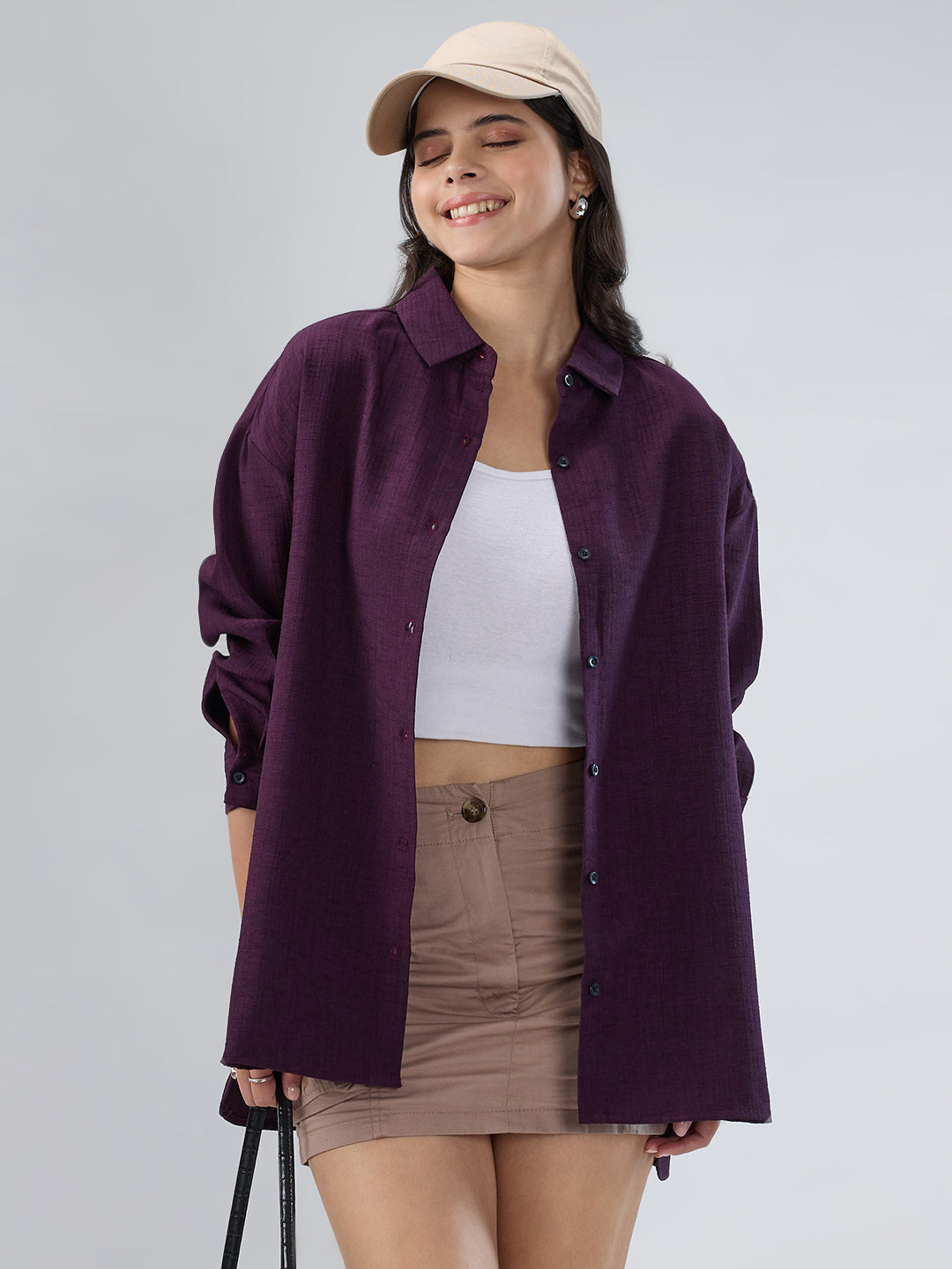 Wine Slub Textured Oversized Shirt