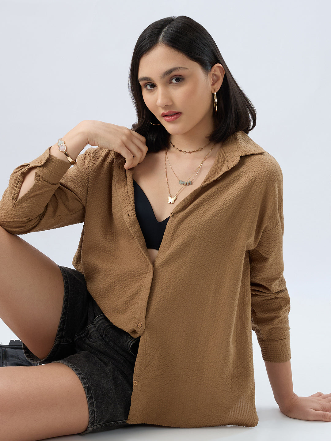 Tan Beige Seersucker Oversized Shirt