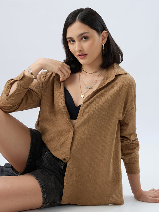 Tan Beige Seersucker Oversized Shirt