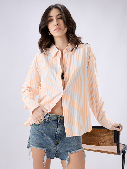 Peachy Orange & white Striped Oversized Shirt
