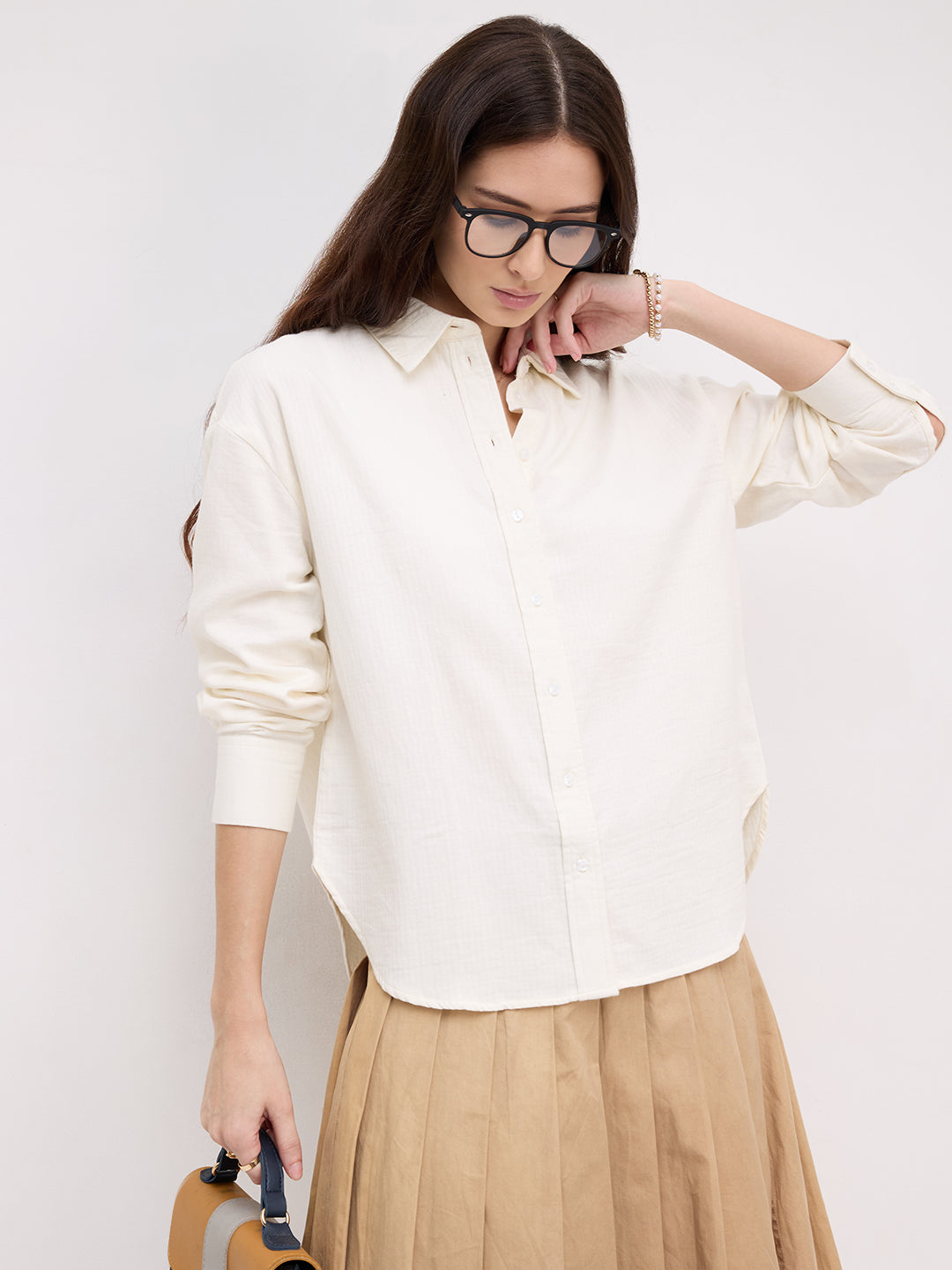 Pearl White Herringbone Textured Oversized Shirt