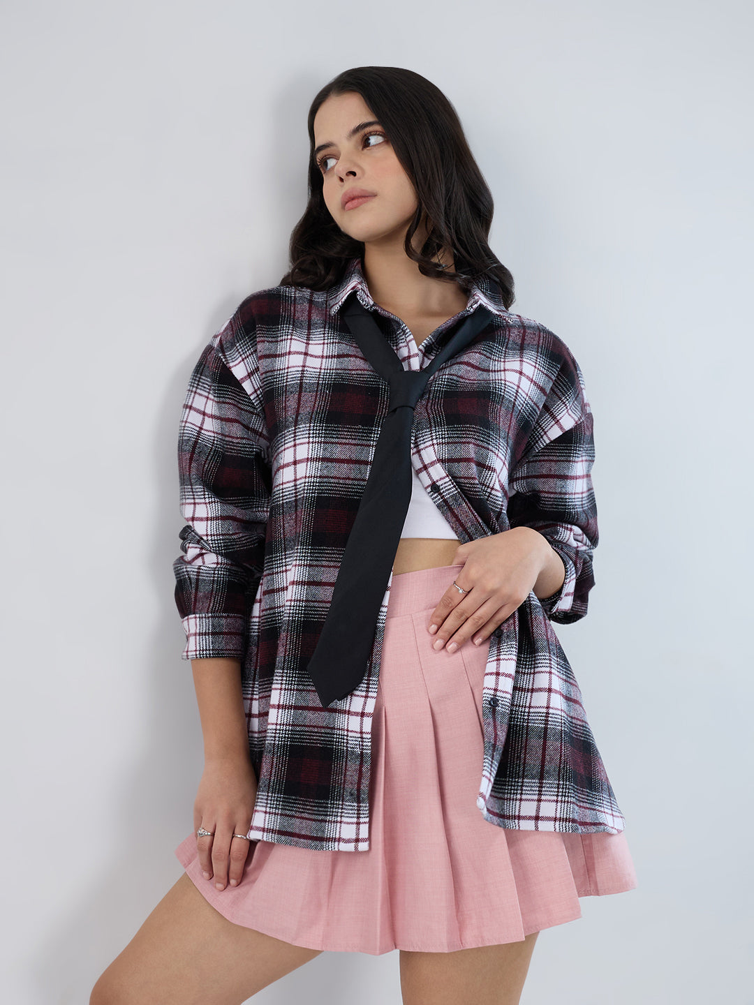 Maroon & White Checked Oversized Flannel Shirt