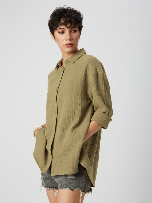 French Beige Solid Double Cloth Oversized Shirt