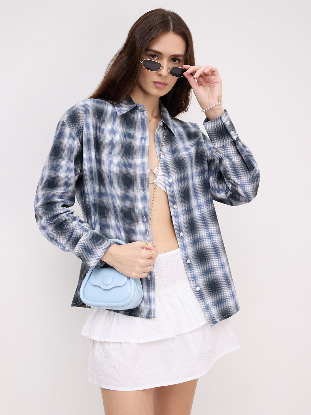 Navy Horizon Checked Oversized Shirt