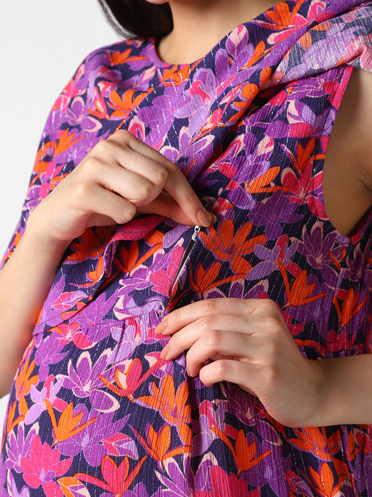 Multicolor Crinkled Floral Maternity Dress