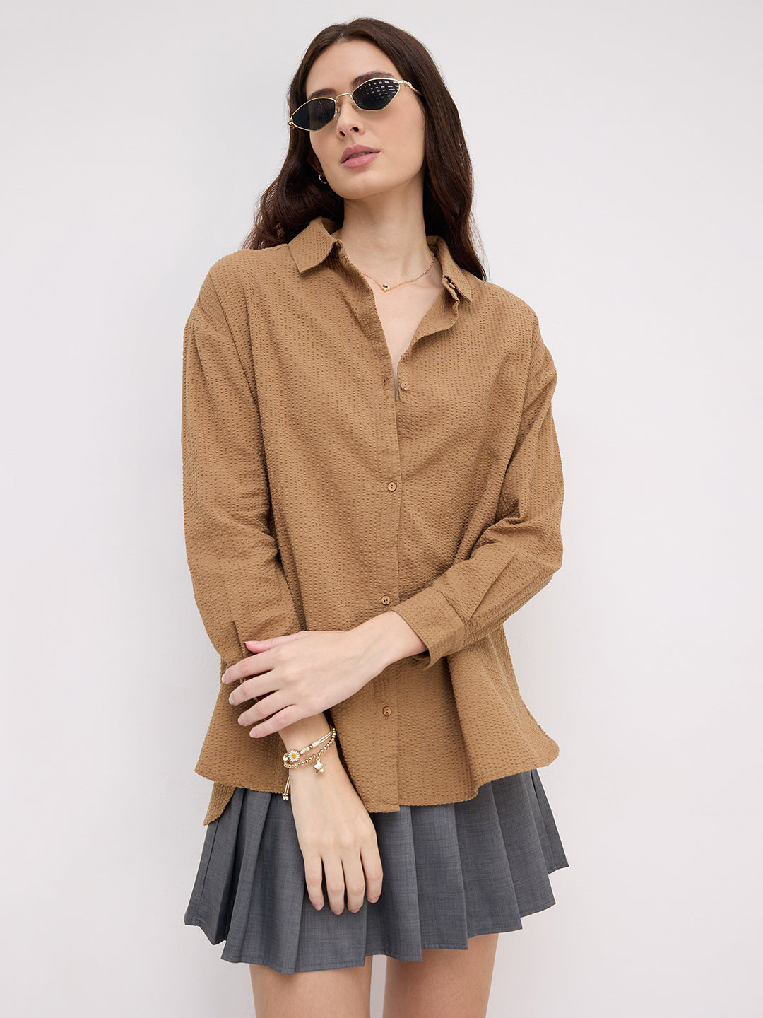 Tan Beige Seersucker Oversized Shirt