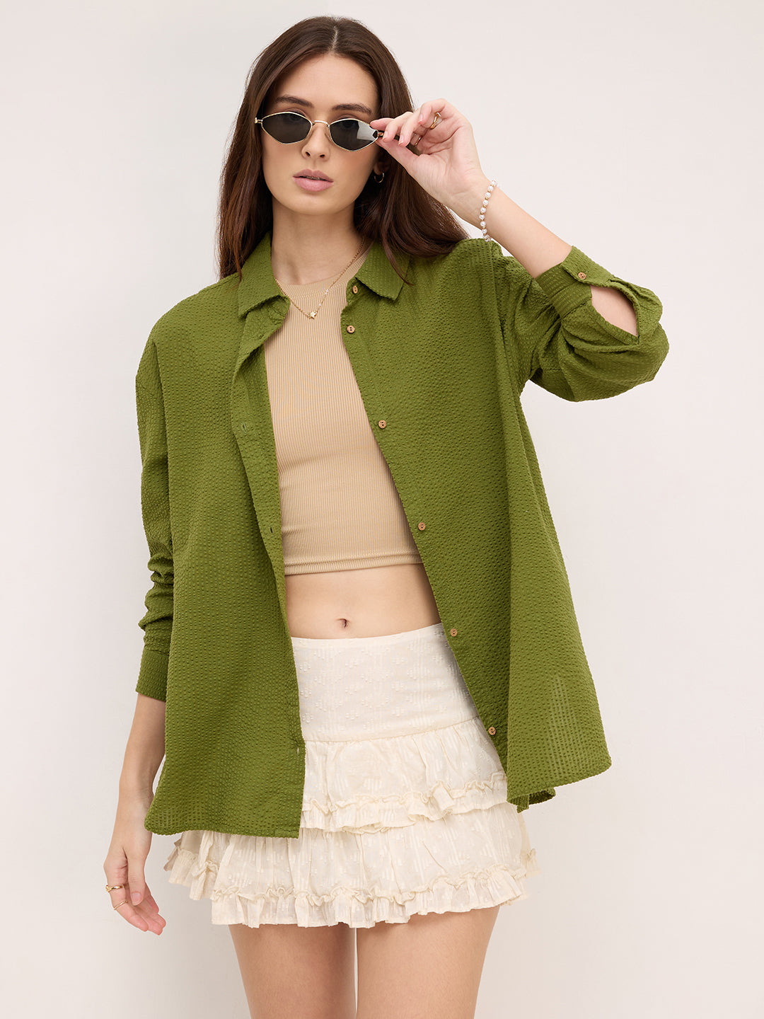 Olive Seersucker Oversized Shirt