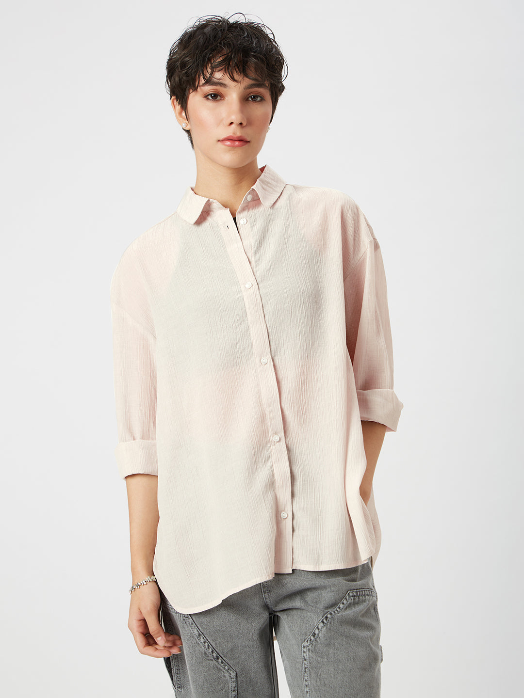 Glittery Beige Crinkled Oversized Shirt