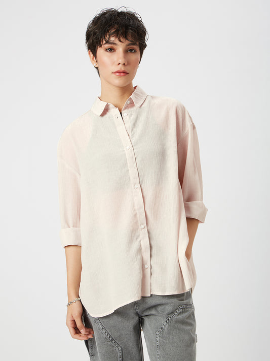 Glittery Beige Crinkled Oversized Shirt