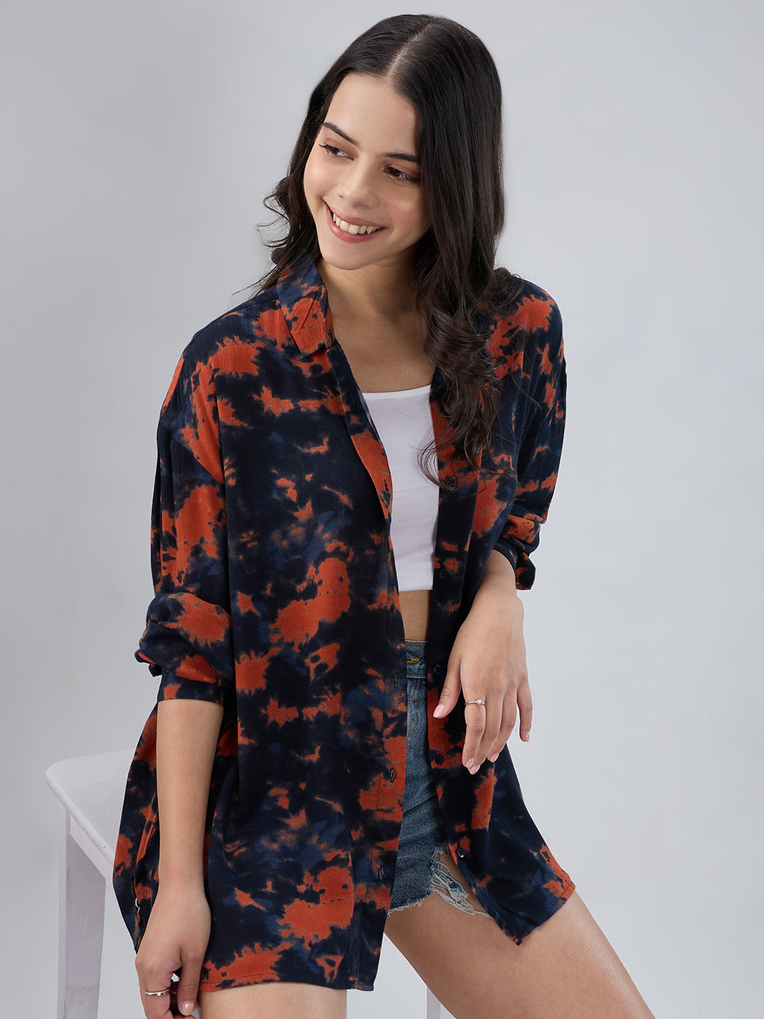 Black & Tangerine Tie- Dye Oversized Crepe Shirt