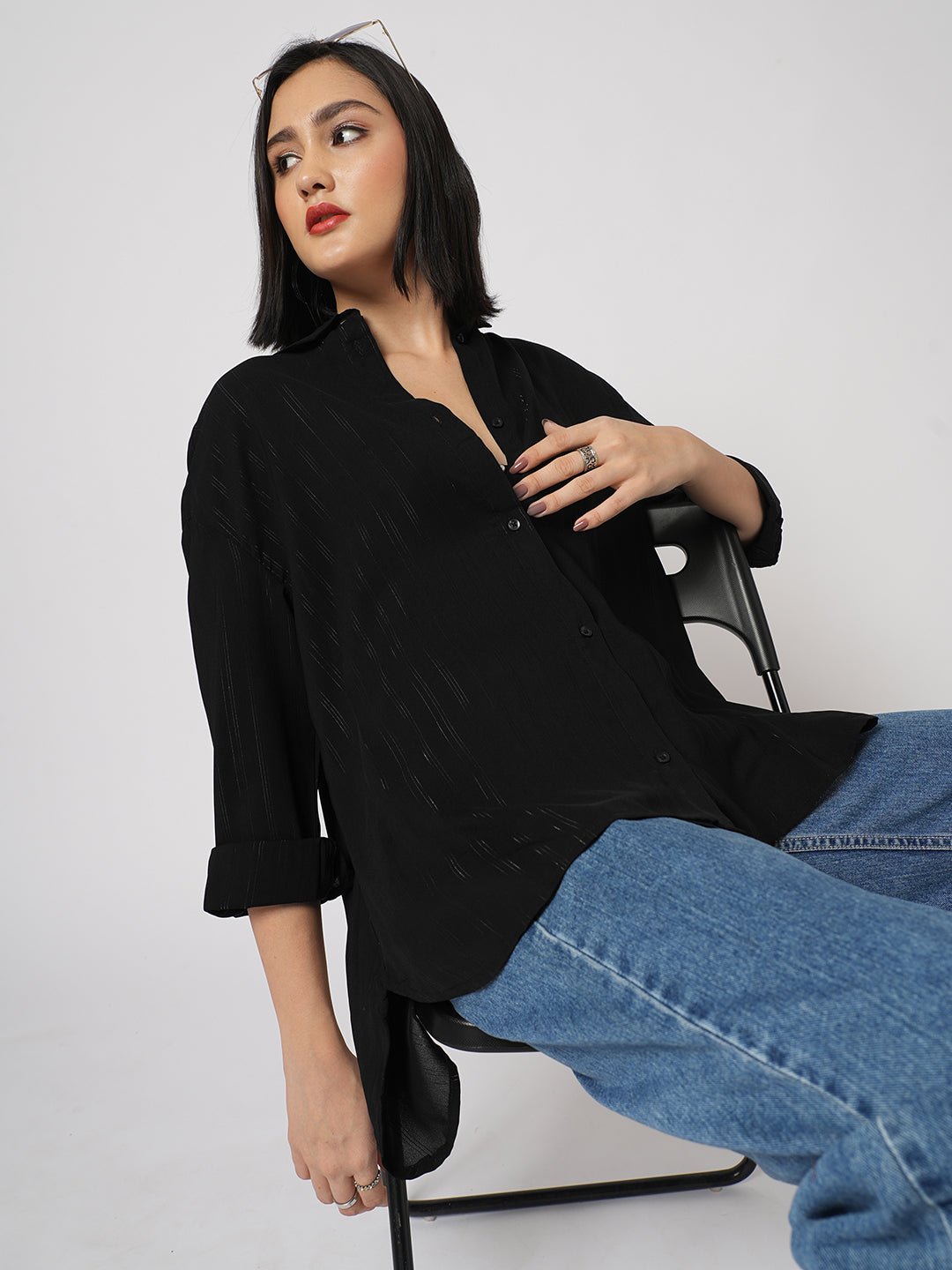 Black Glimmer Striped Oversized Shirt