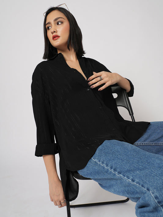 Black Glimmer Striped Oversized Shirt