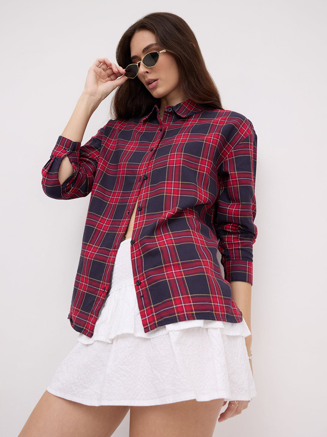 Red and Black Tartanique Checked Oversized Shirt