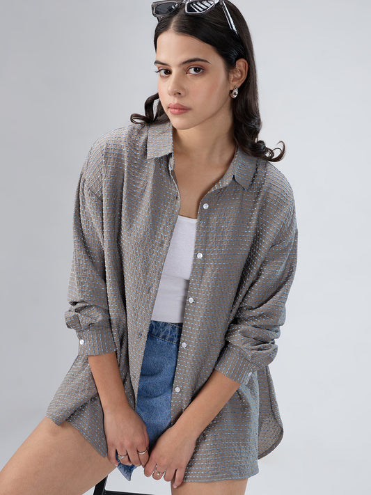 Grey & Blue Dotted Jacquard Oversized Shirt