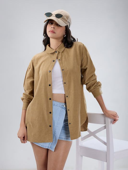 Solid Tan Beige Corduroy Oversized Shirt