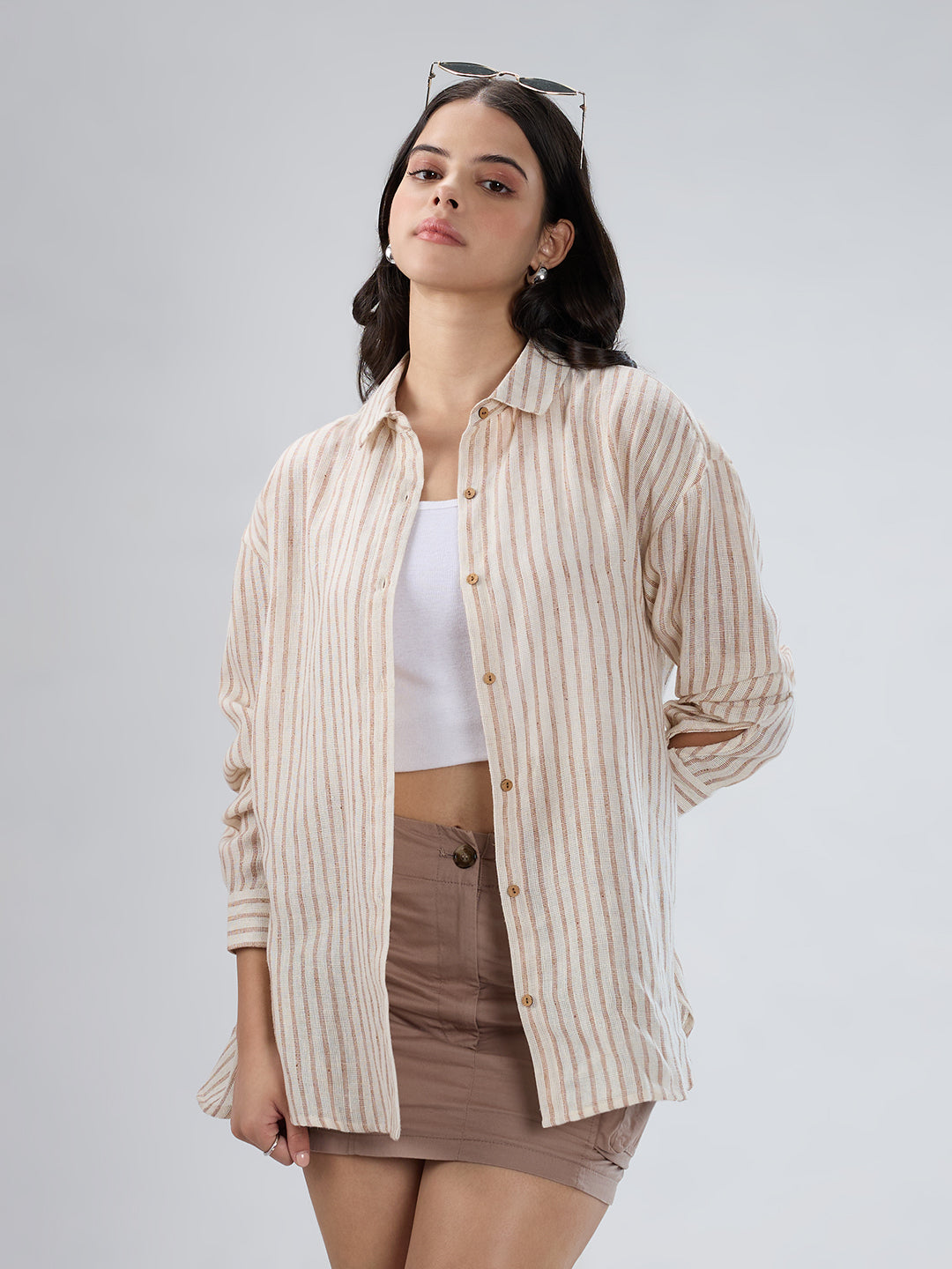 Beige & Brown Striped Burlap Shirt