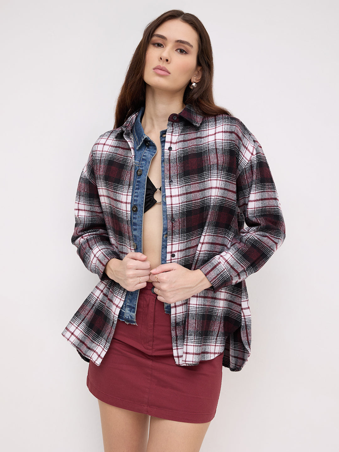 Maroon & White Checked Oversized Flannel Shirt