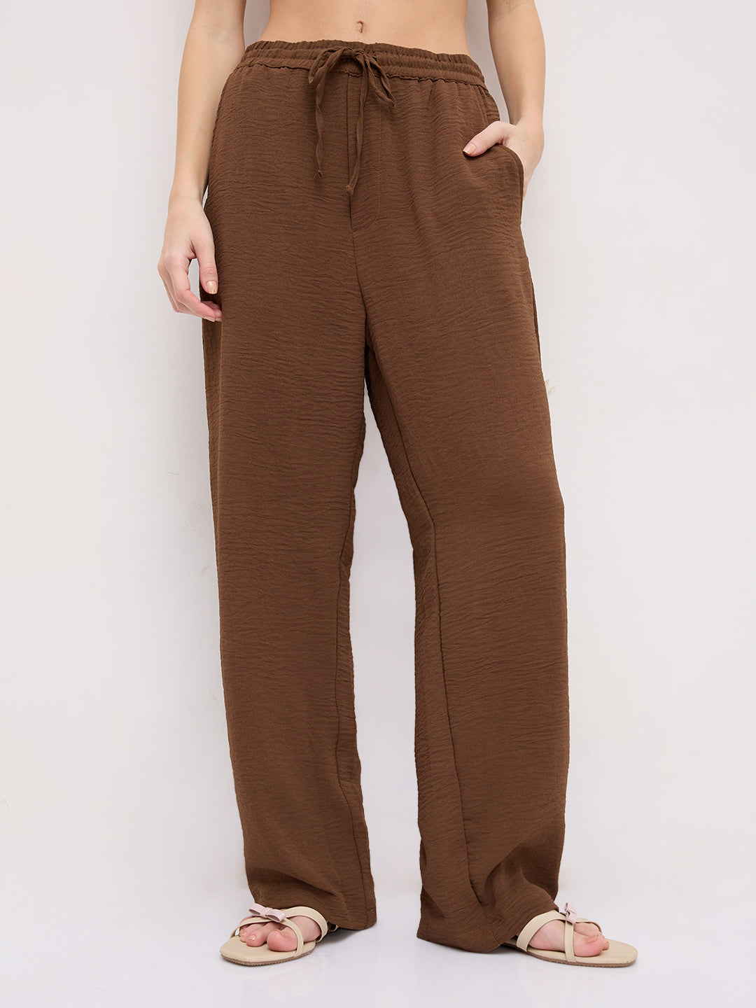 Mocha Brown Crinkled Straight Fit Trousers