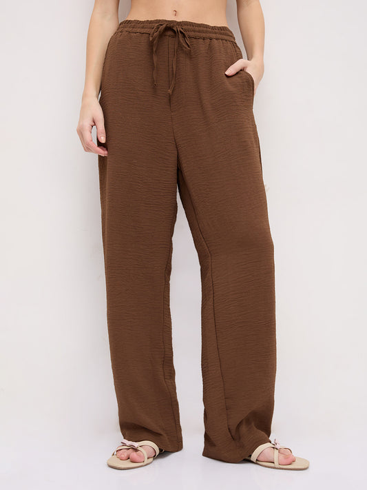 Mocha Brown Crinkled Straight Fit Trousers