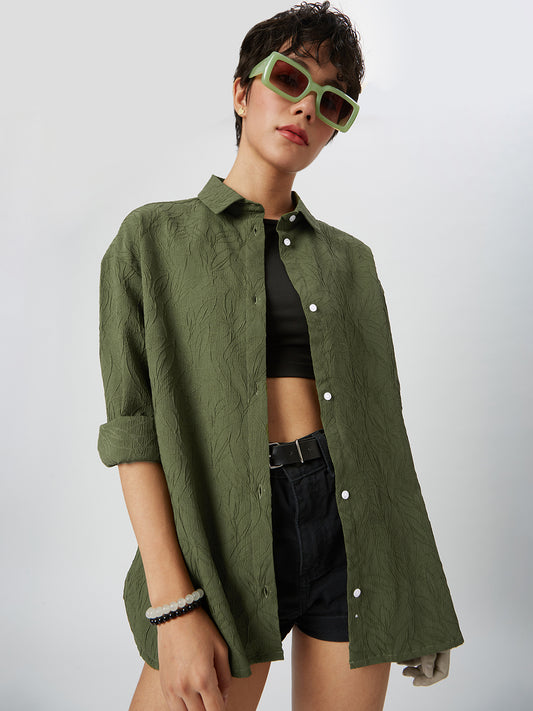 Olive Leafy Textured Oversized Shirt