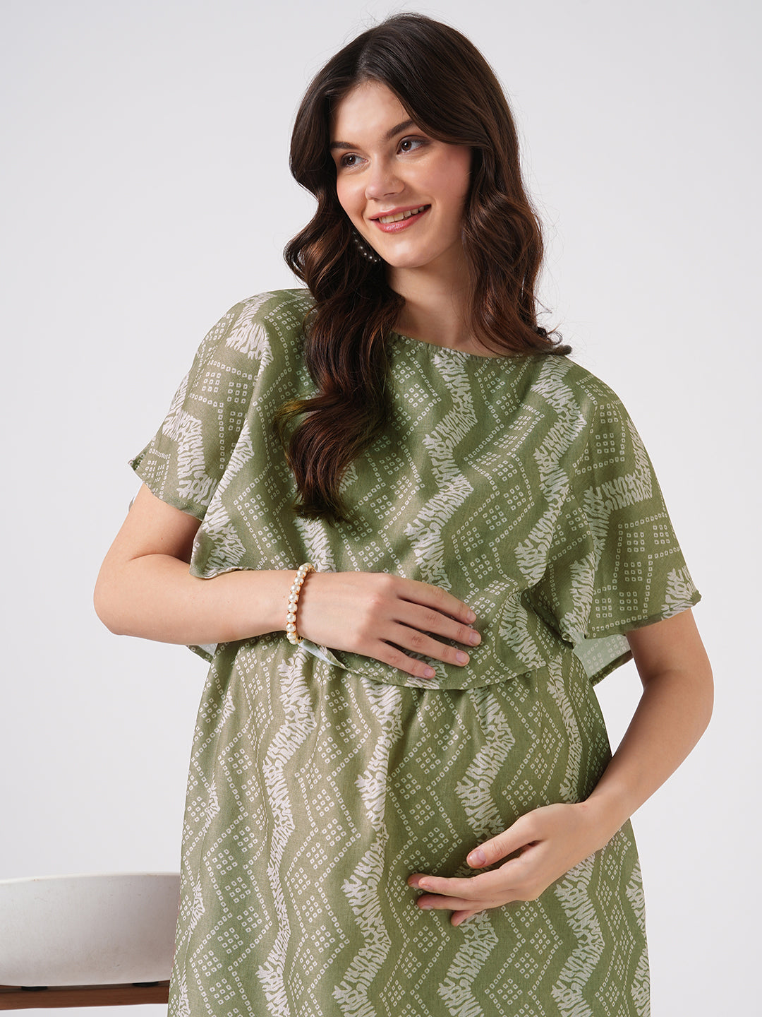 Basil Green Ikat Printed Maternity Dress