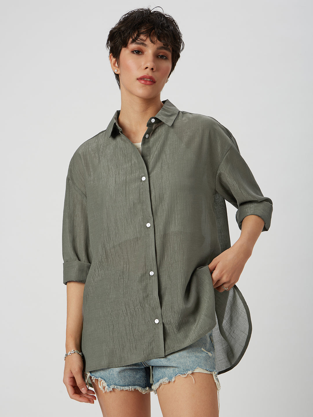 Glittery Olive Crinkled Oversized Shirt