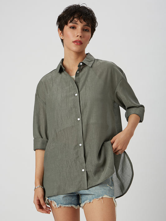 Glittery Olive Crinkled Oversized Shirt