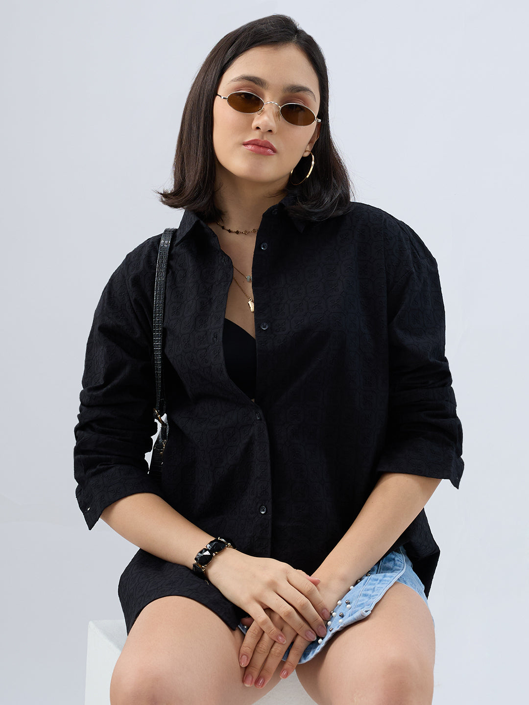 Deep Black Embroidered Oversized Shirt