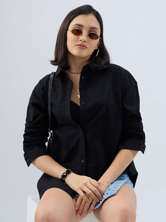 Deep Black Embroidered Oversized Shirt