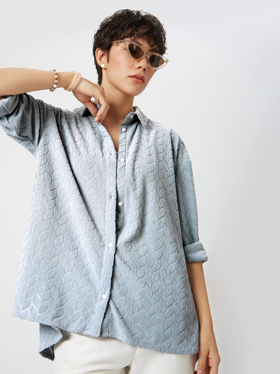 Glacier Grey Leaf Embossed Oversized Shirt