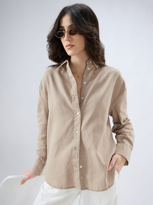 Fawn Beige Jacquard Weave Oversized Shirt