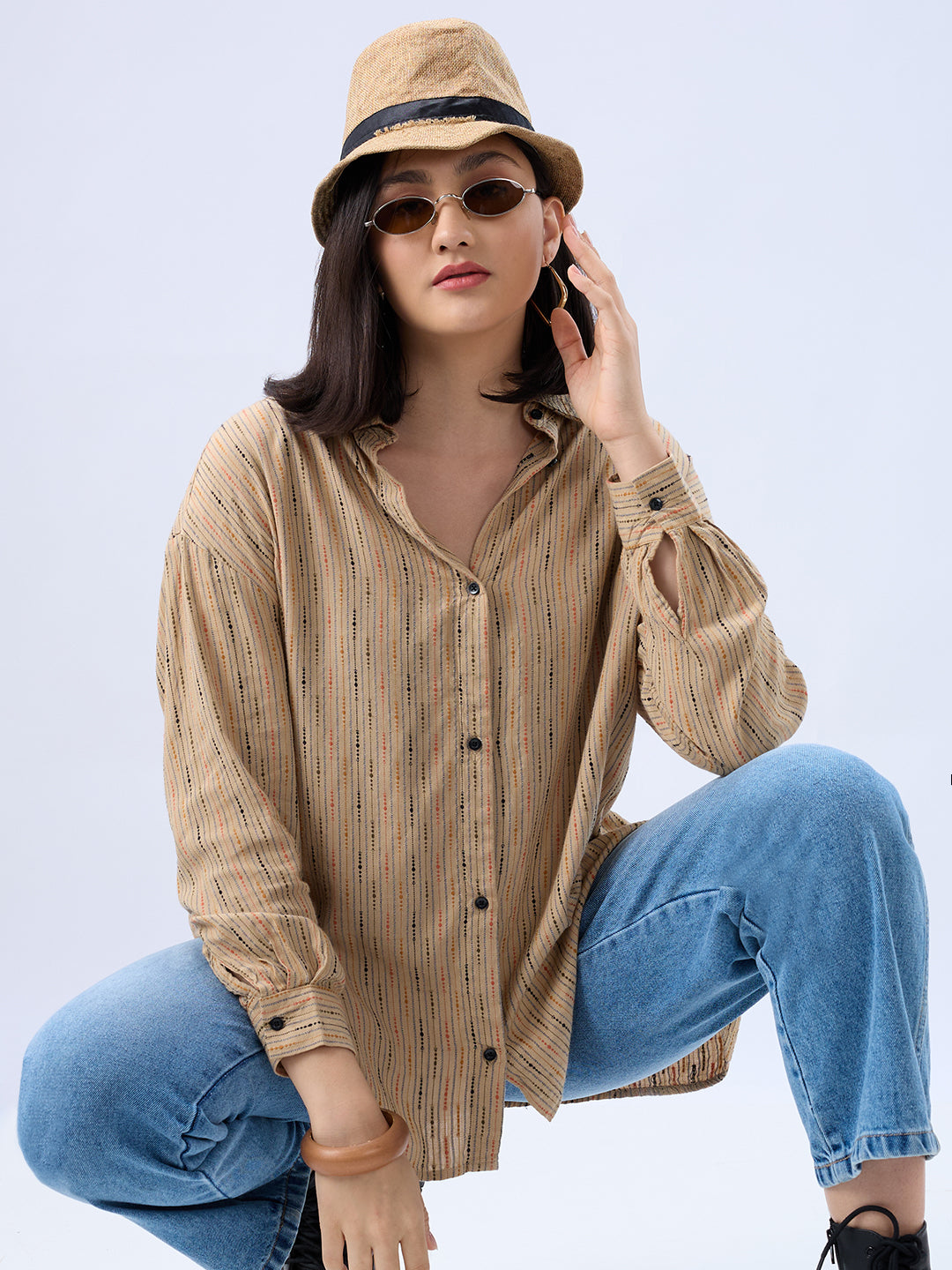 Tan Brown Dobby Oversized Shirt
