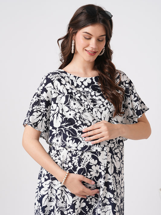 Monochrome Bloom Printed Maternity Dress