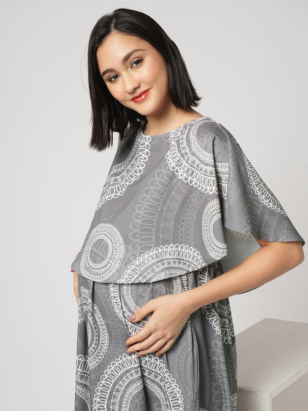 Cloud Grey Mandala Printed Maternity Dress