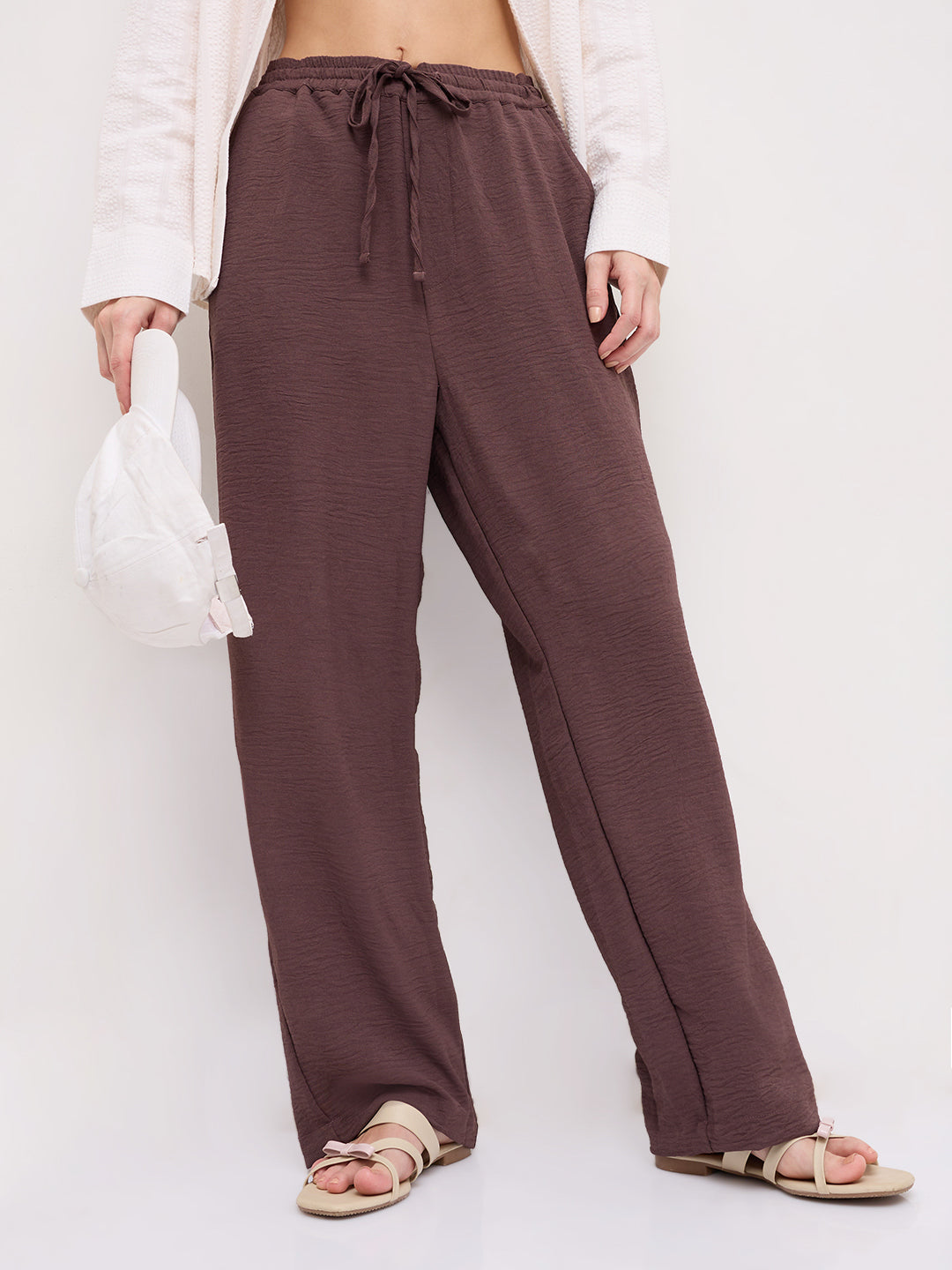 Luxe Warm Brown Crinkled Straight Fit Trousers