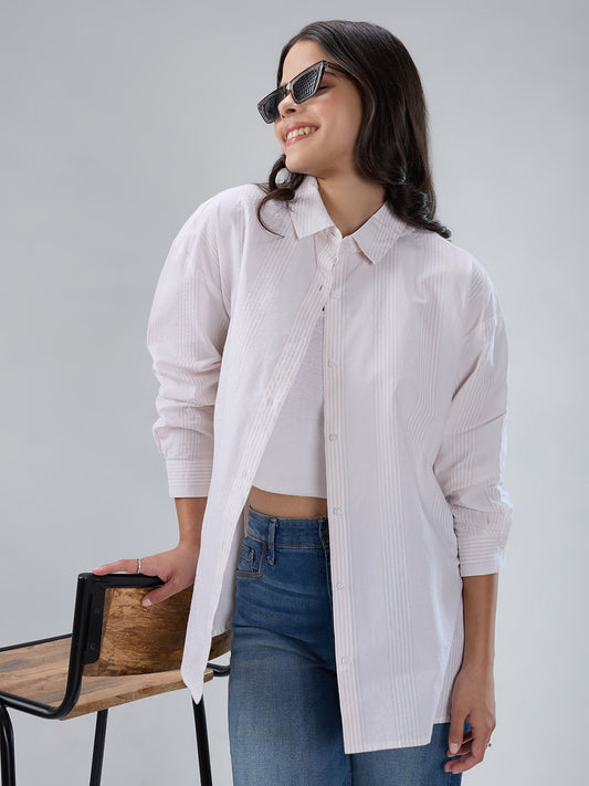 Beige & White Pin Striped Seersucker Oversized Shirt