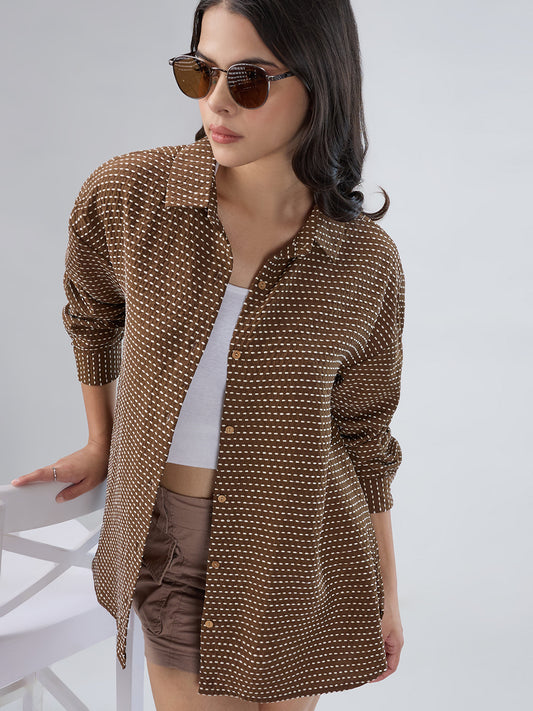 Brunette Brown & Beige Dotted Jacquard Oversized Shirt